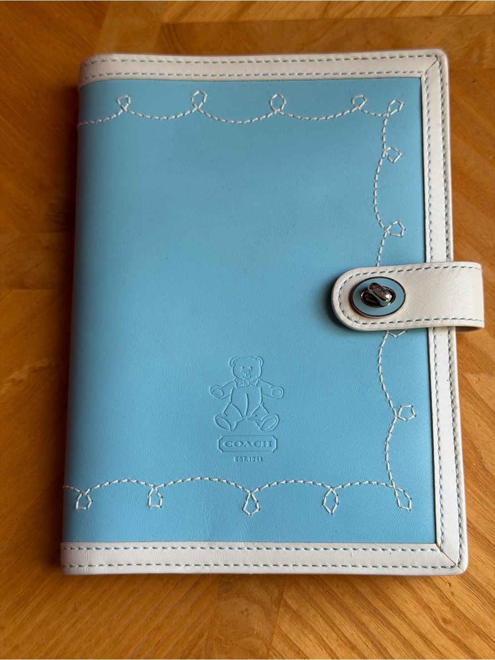 Coach Light Blue & White Teddy Bear Leather photo album with turn lock Cover